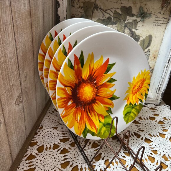 Royal Norfolk Sunflower Dinner Plates - Set of 4 - Stoneware Dinner Plates - Picture 1 of 7